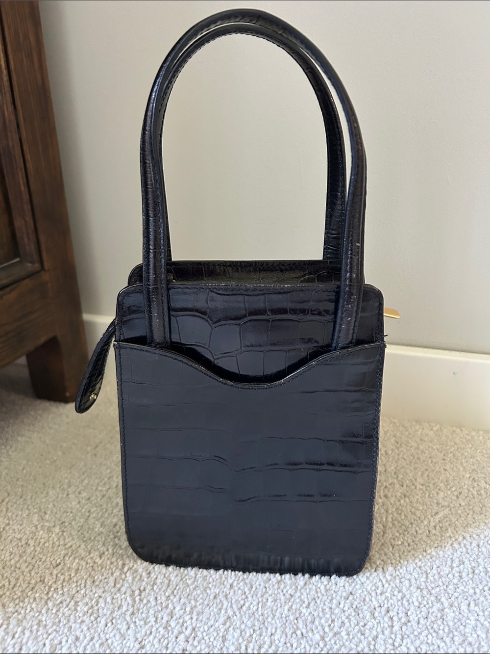 Liz Claiborne Croc-Effect Black Leather Mini Tote with Dual Top Handles